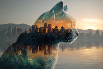Discover vancouver's skyline with a cat in artistic double exposure. Tour experiences. Experience eclectic feline adventures in mount pleasant, vancouver. Feline fun. Digital exploration.