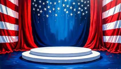 A patriotic stage with red curtains american flag elements and a spotlight podium under a starry blue backdrop