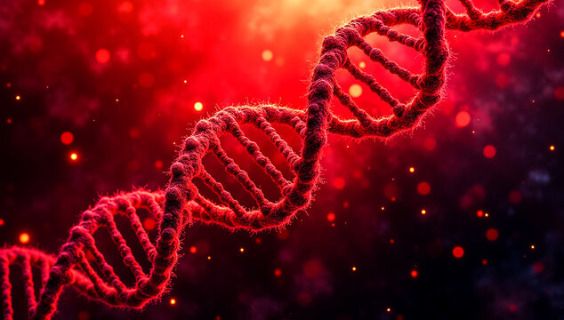 Detailed 3d rendering of a vibrant red dna double helix structure against a dark glowing background with bokeh effects - Powered by Adobe