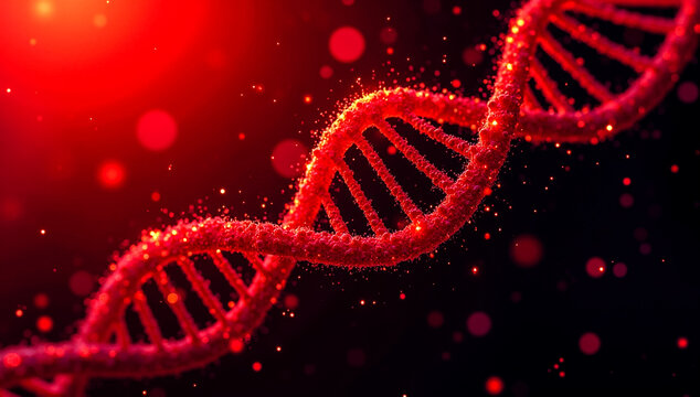 Vibrant red dna helix structure illuminated with sparkling particles against a dark bokeh filled background