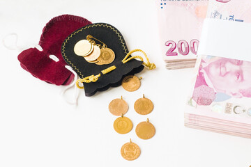 Traditional Turkish Gold coins with Turkish Lira Banknotes on white surface,financial concept