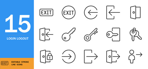 Login logout icon set. Minimalist vector line icons for apps. Includes entrance, exit, key, door symbols. Editable outline graphics. DEALPOL branding.