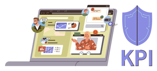 Laptop screen displaying teamwork communication, KPI tracking, charts, and secure data flow with shield icon. Ideal for business, analytics, teamwork, growth, communication online security simple