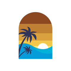 A vibrant design depicting a vivid tropical sunset with palm trees, ocean waves, and warm colors. Ideal for themes of relaxation, nature, and travel-related projects.