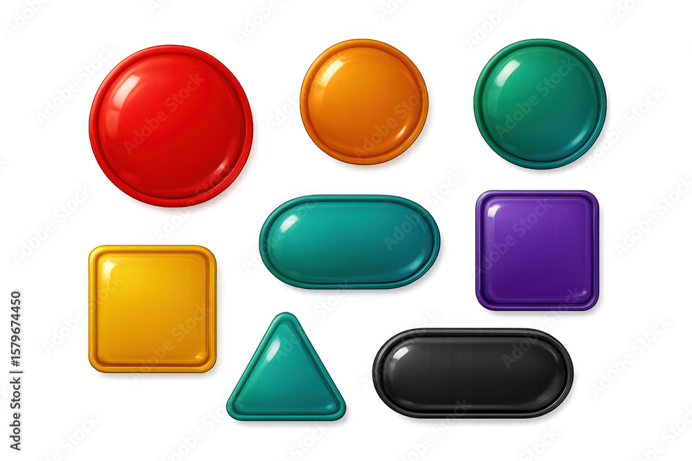 Poster Set of glossy buttons in different shapes and colors, perfect for web or game ui design with transparent background