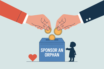 Featuring hands placing coins into a donation box labeled &ldquo;Sponsor an Orphan,&rdquo; accompanied by a small heart icon and a child&rsquo;s silhouette