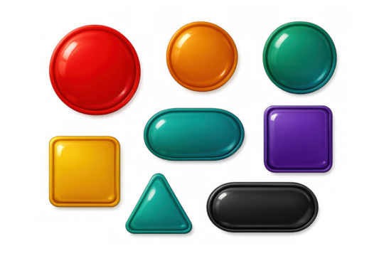 Set of glossy buttons in different shapes and colors, perfect for web or game ui design with transparent background