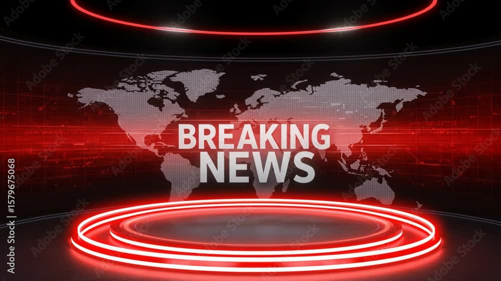 Poster virtual news studio with world map background and glowing elements