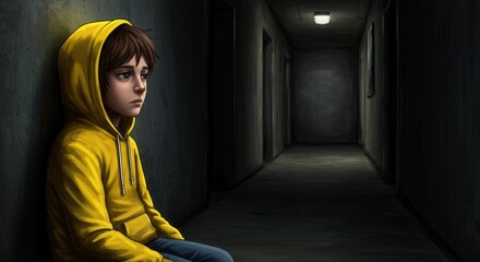Young boy sitting alone in dark hallway wearing yellow hoodie  