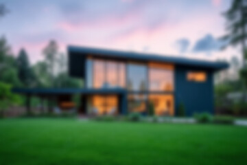 Fototapeta premium Blurry photo of a modern house with a natural theme, walls that blend with the surrounding nature look like an eco friendly house, blurry wallpaper.