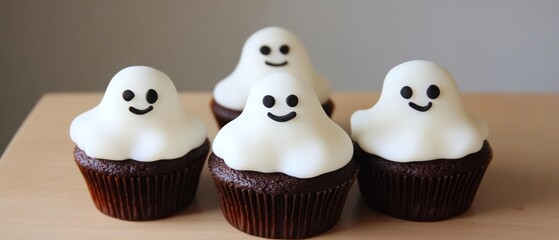 Adorable Halloween ghost cupcakes, beautifully decorated and ready to delight guests at a festive Halloween party.