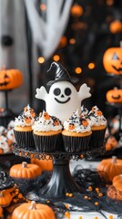 Adorable Halloween ghost cupcakes, beautifully decorated and ready to delight guests at a festive Halloween party.