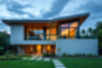 Fototapeta premium Blurry photo of a modern house with a natural theme, walls that blend with the surrounding nature look like an eco friendly house, blurry wallpaper.