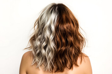 Fototapeta premium Split dye hair transformation showcasing contrasting platinum blonde and rich auburn tones on wavy shoulder length hair