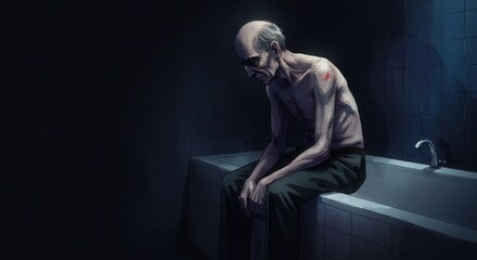 Elderly man sitting introspectively on bathtub in dark bathroom  