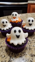 Adorable Halloween ghost cupcakes, beautifully decorated and ready to delight guests at a festive Halloween party.