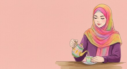 Young Muslim woman pouring tea into cup at a wooden table  