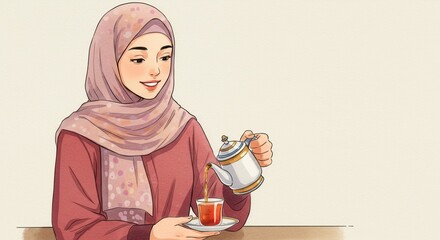 Muslim woman pouring tea from a teapot while smiling indoors  