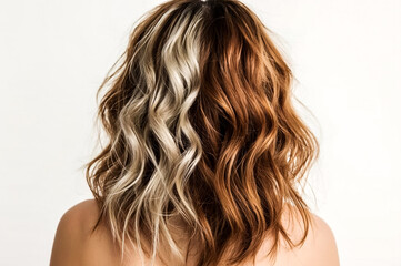 Fototapeta premium A woman s wavy medium length hair showcases a striking split dye with one side featuring light blonde and the other a warm copper