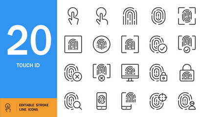Touch ID icon set. Minimal biometric vector icons. Single-line UX design symbols. Includes fingerprint, security, unlock, access, scan, identity, and more. Editable grayscale strokes.