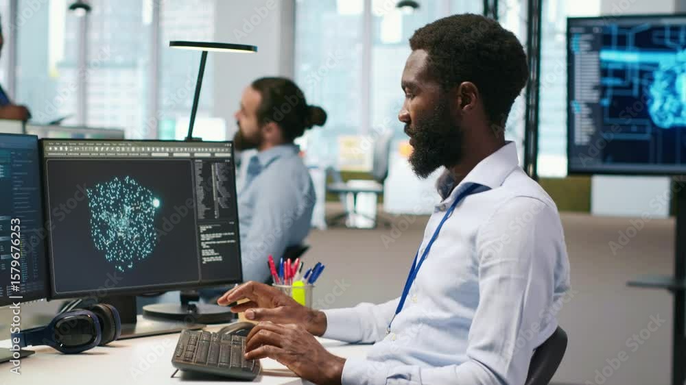 Poster software developer testing generative ai machine learning algorithms and listening music at work. af