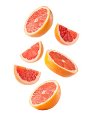 Bright grapefruit slices float against a striking black backdrop, perfect for adding a fresh and vibrant touch to designs.