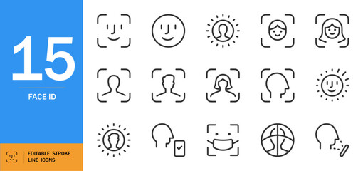 FACE ID icon set. Minimal linear vector icons for facial recognition, biometrics, security, and technology. Includes scan, profile, verification, and privacy symbols. Editable stroke.