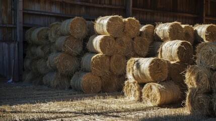 Hay Bales Stacked Against a Barn Wall