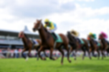 blurry racetrack, showing horses racing on a track with riders on them, blurry wallpaper.