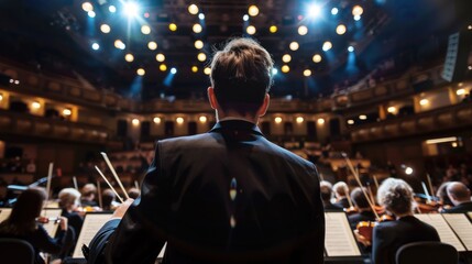 Conductor Leading an Orchestra in a Concert Hall