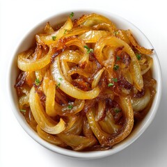 Delicious Caramelized Onions in White Bowl, Close-Up Culinary Still Life of Sweet and Savory Dish with Garnish, Perfect for Food Blogs and Recipe Illustrations, High-Resolution Image