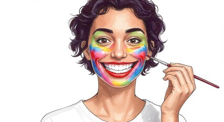 woman painting on fake smile. Young lady applying colorful face paint with a brush and smiling  