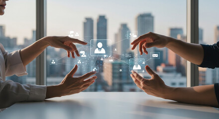 Hands Interacting with Holographic AI Interface in Team Collaboration Network – Futuristic Business Tech Scene for Presentations, Ads & Innovation Reports