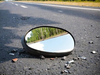 Broken car side mirror lying on asphalt road reflecting forest trees.