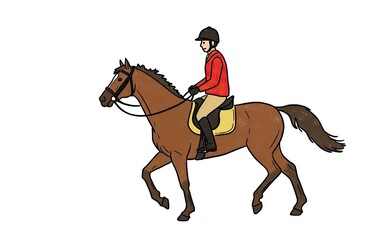 Rider in red jacket riding a brown horse in an outdoor setting  