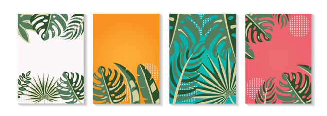 Summer poster set, palm beach cards, tropical leaves pattern. Vector illustration. Jungle exotic minimal flyer, brochure voucher template. Fashion Hawaiian background