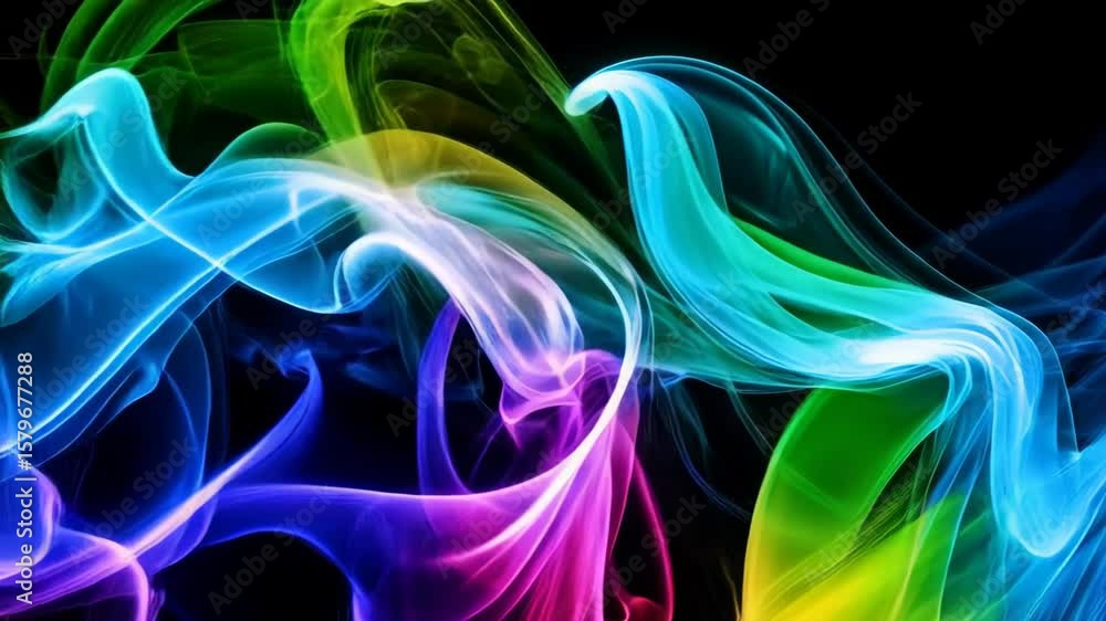 Poster abstract colorful smoke on a black background, creating dynamic curves, perfect for backgrounds and 