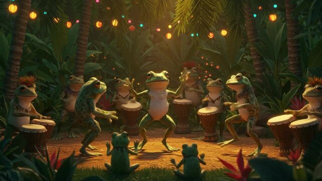 Frogs Drumming and Dancing in a Festive Jungle Scene