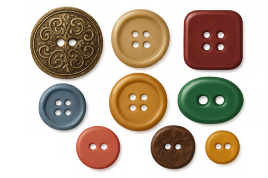 Nine sewing buttons of different shapes, sizes, and colors are displayed on a transparent background, perfect for designers and crafters
