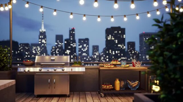 Rooftop grill city night scene