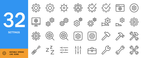 SETTINGS icon set. Minimal thin line web icons pack. Includes gears, tools, wires, AI data, code, laptop, lightning, network and more. Editable vector outline.
