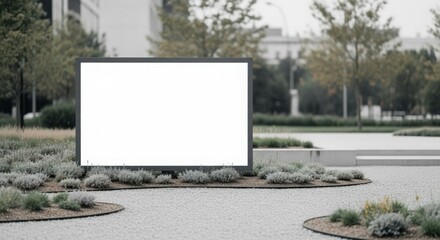 Fototapeta premium A blank, white billboard stands prominently in a park setting, ready for advertisement.