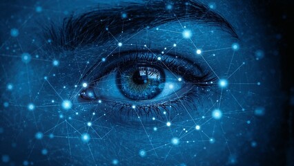 Close-up of a human eye overlaid with a network of connected dots and lines in shades of blue.
