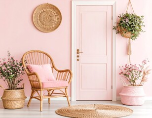 Pink room with wicker furniture and plants