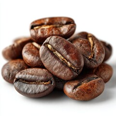 Obraz premium Roasted Coffee Beans Pile Close-Up on White Background, Macro Shot of Aromatic Brown Coffee Beans, Perfect for Coffee Lovers, Cafes, and Beverage-Related Projects, High-Quality Image for Advertising