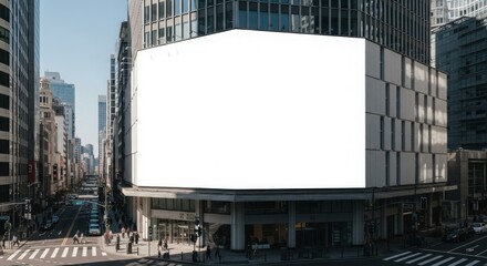 Obraz premium Blank billboard on a city corner, surrounded by modern high-rise buildings.