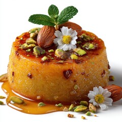 Delicious Semolina Halva Dessert with Almonds, Pistachios, Mint, and Edible Flowers, Garnished with Honey Syrup on a White Background, Close-up View of a Traditional Middle Eastern Sweet Treat