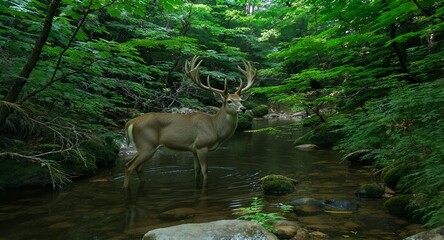 A stag stands in the middle of a calm river