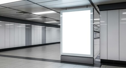 A bright, blank advertisement display panel in a modern, underground subway station.