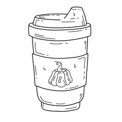 Hand drawn coffee paper cup with pumpkin. Doodle Pumpkin spice latte outline illustration. Autumn editable stroke vector illustration isolated on white background